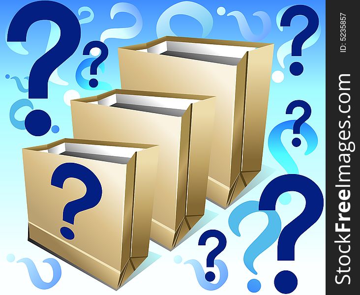 Paper empty packages for packing foodstuff with signs on questions, shopping illustration. Paper empty packages for packing foodstuff with signs on questions, shopping illustration