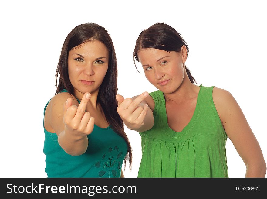 Two attractive friends on white background