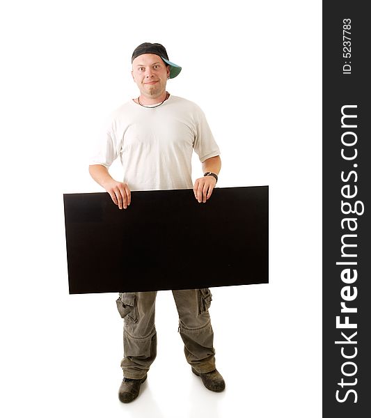 Man with blackboard isolated on white