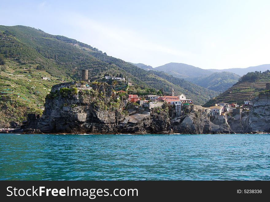 Vernazza, Cinque Terre in Liguria, Italy seen from the sea. Cinque Terre is humanity's world patrimony. Vernazza, Cinque Terre in Liguria, Italy seen from the sea. Cinque Terre is humanity's world patrimony.