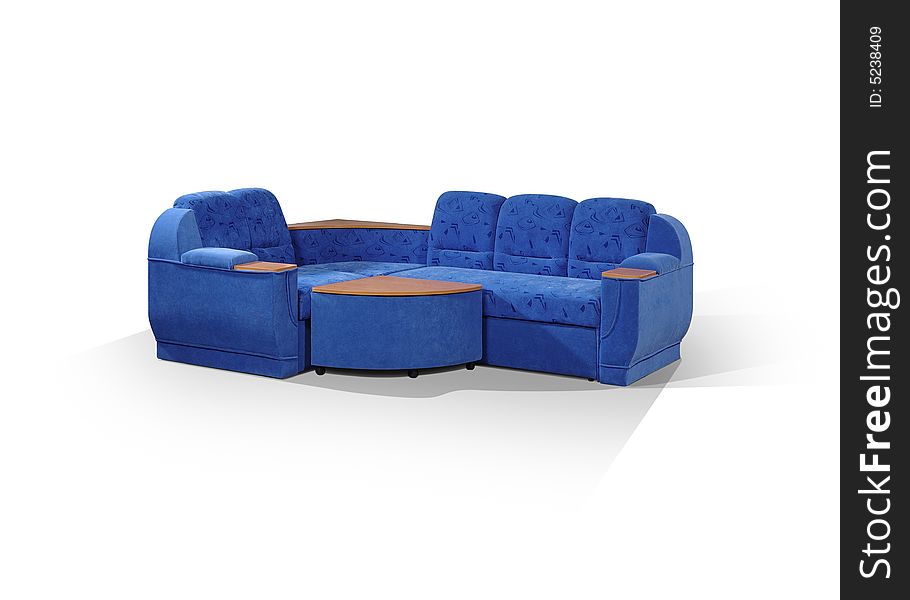 Angular sofa of dark blue color with the padded stool-stand on a white background