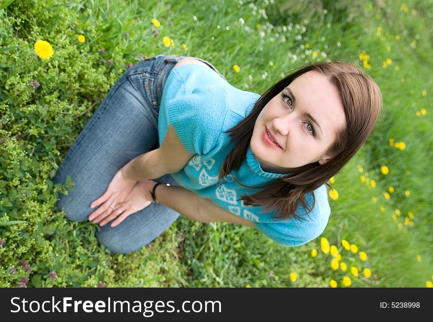 The young girl sits in a grass among flowers. The young girl sits in a grass among flowers