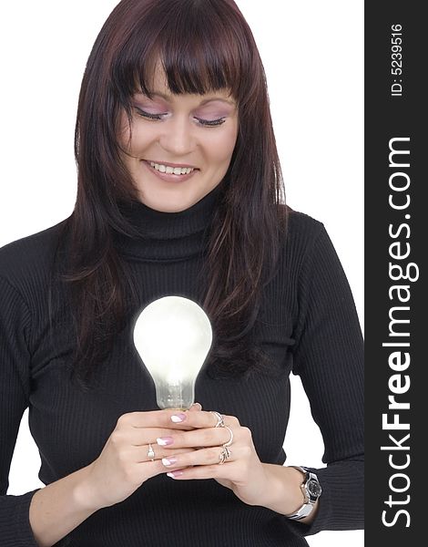 Woman with lightbulb against a white background