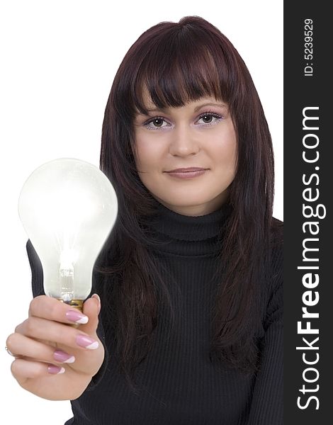 Woman with lightbulb against a white background