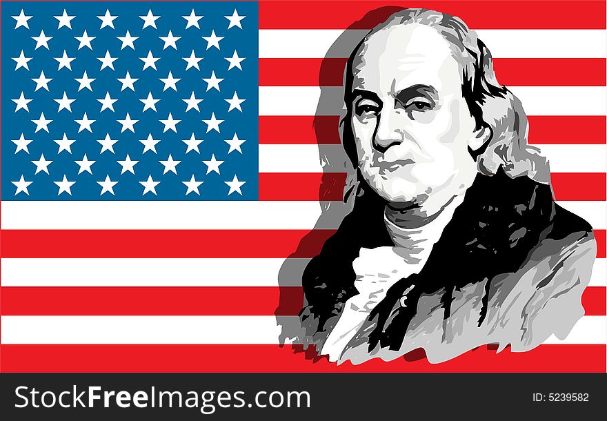 American President Benjamin Franklin portrait against USA flag