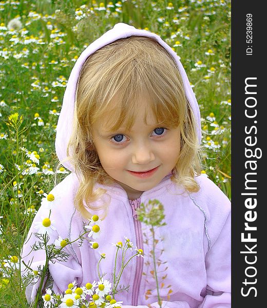 Cute little girl with the bouquet of camomiles on a glade. . Cute little girl with the bouquet of camomiles on a glade.