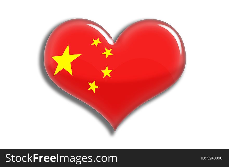 Illustration of China flag in bright colors red and yellow ,with a shiny heart  form. Illustration of China flag in bright colors red and yellow ,with a shiny heart  form