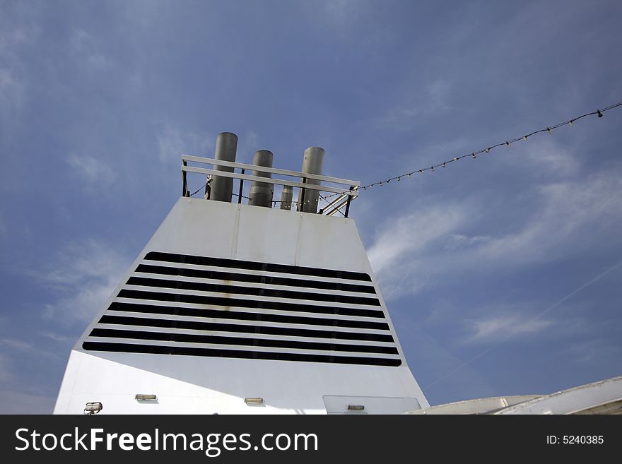 Large boat funnel with sky in background. Large boat funnel with sky in background