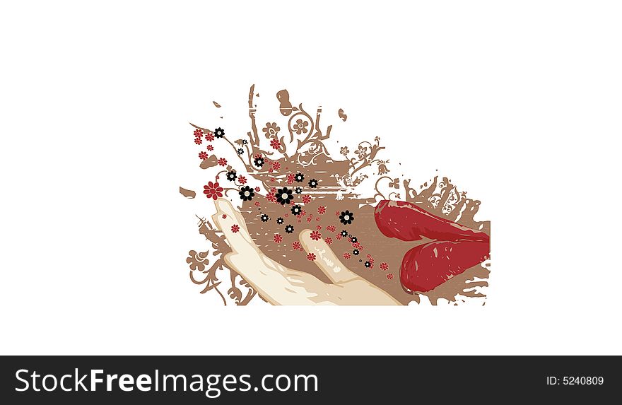 Grungy stylized hand held up to crimson lips, blowing flowers on a splotched background