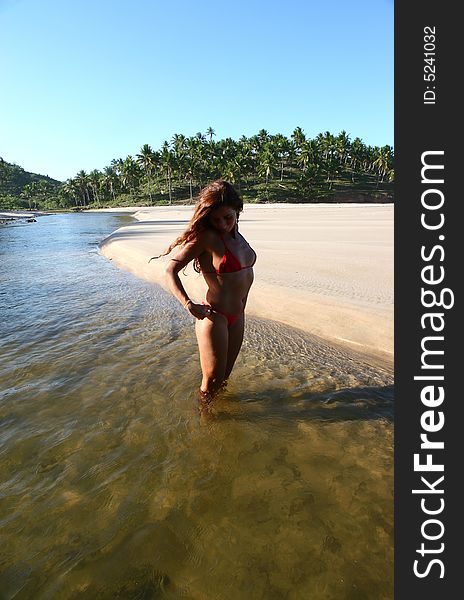 Young woman enjoying a gorgeous tropical Brazilian beach. Bahia, Brazil. Young woman enjoying a gorgeous tropical Brazilian beach. Bahia, Brazil.