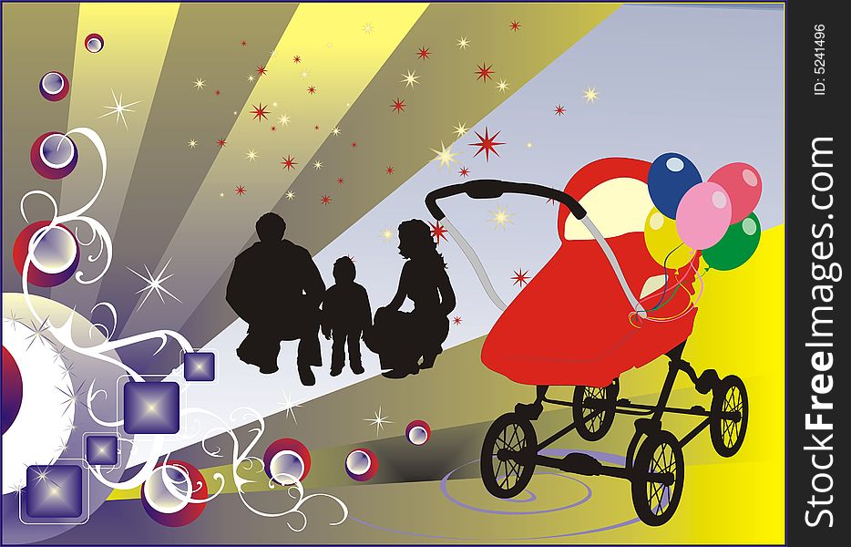 Happy family and baby-carriage. Vector illustration