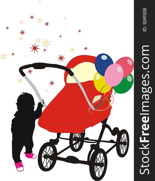 Child and baby-carriage. Silhouette. Vector illustration