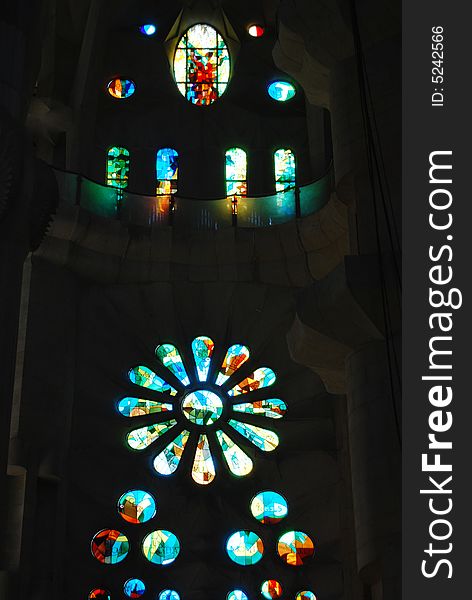 Beauty of stained glass in Sagrada Familia Cathedral, Barcelona