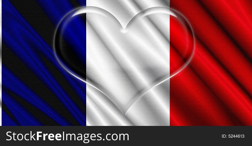 Illustration of France flag in bright colors red white and blue as heart shape. Illustration of France flag in bright colors red white and blue as heart shape