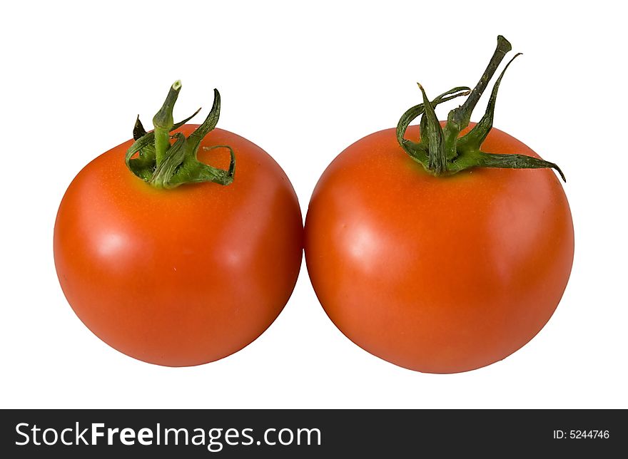 Some isolated tasty red tomato with a green branch. Some isolated tasty red tomato with a green branch