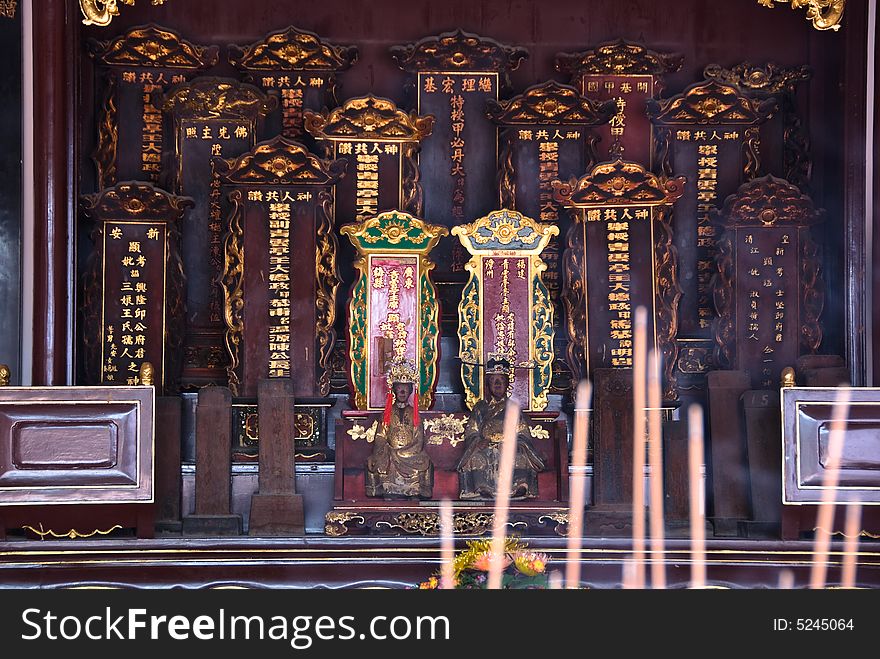 Chinese temple items on an altar