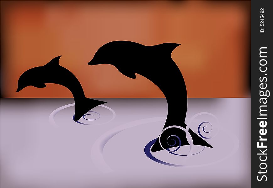 Two dolphins in night. Vector illustration. Two dolphins in night. Vector illustration