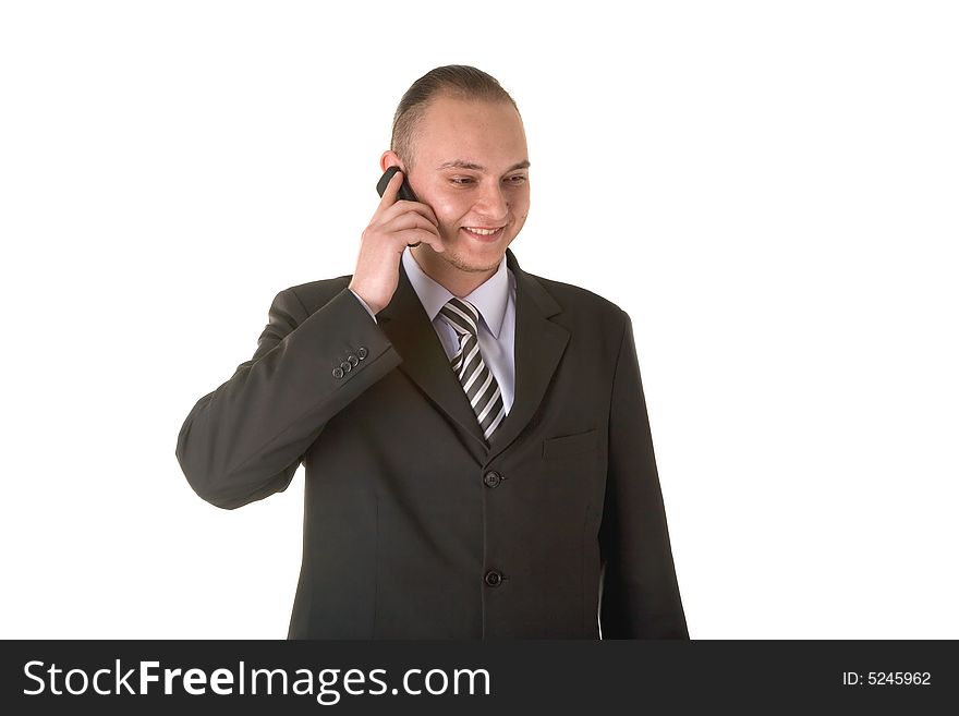 Smiling businessman calling on phone isolated on white background