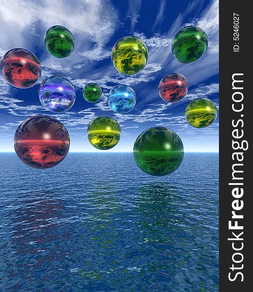 Multicolor rising balls from sea surface - 3d illustration.