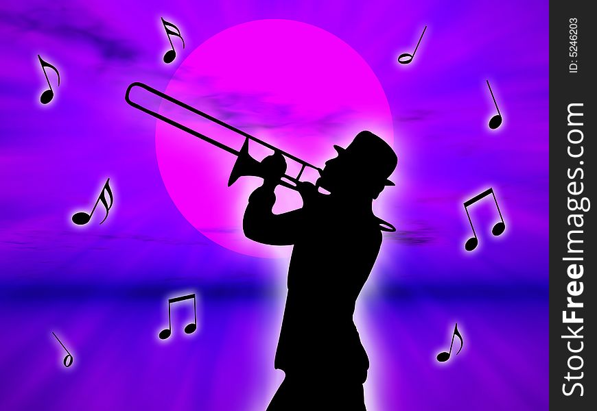 A trumpet player in the sunset against the sun