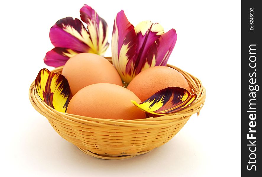 Easter eggs in basket with tulips