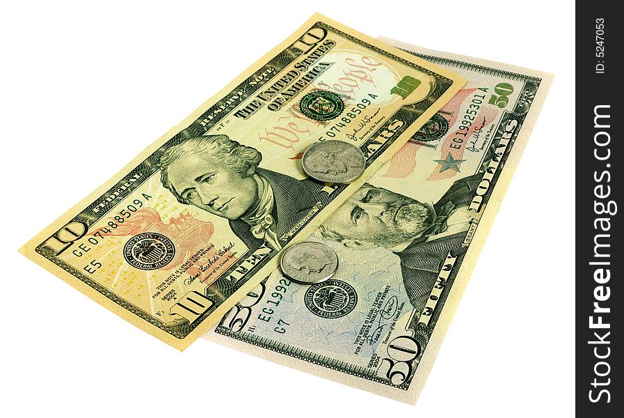 Banknotes of United States of America - dollars. There are included 50, 10 dollar bills and two coins. Banknotes of United States of America - dollars. There are included 50, 10 dollar bills and two coins