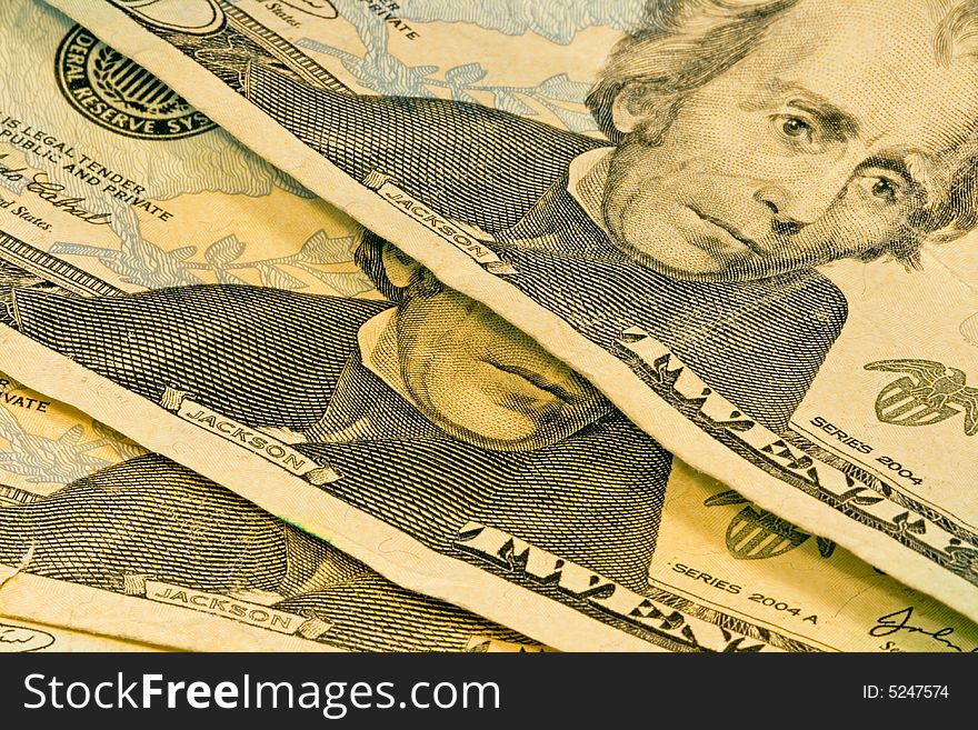Close up of three american twenty dollar bills showing Andrew Jackson. Close up of three american twenty dollar bills showing Andrew Jackson