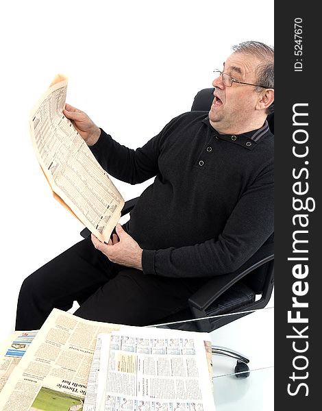 Senior reads messages in front of a white background. Senior reads messages in front of a white background