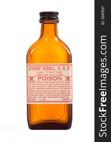 An antique brown prescription bottle with poision caution and copy space on a white background