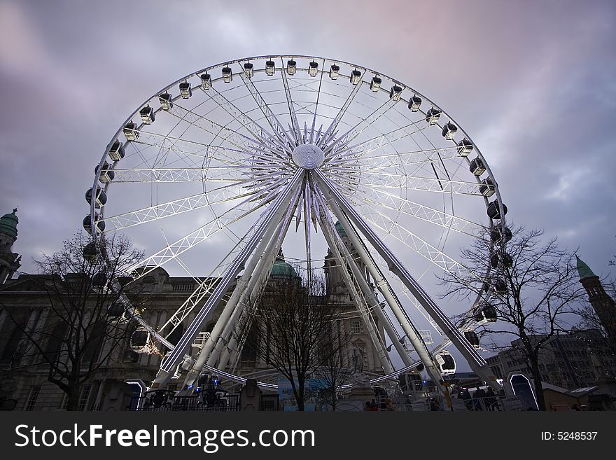 The big eye wheel in belfast city under a moody sky. The big eye wheel in belfast city under a moody sky