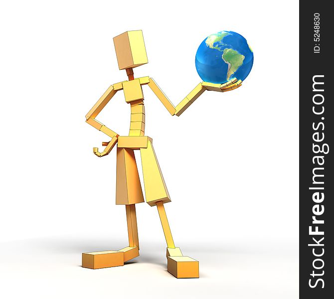 3d image of man and Globe. White background