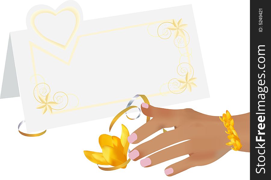 Hand is going to to take yellow flower. Bracelet from flower. Vector. Hand is going to to take yellow flower. Bracelet from flower. Vector