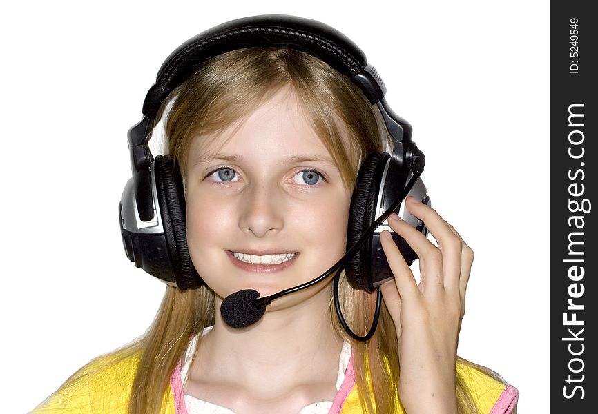 Beautiful girl in earphone listing music. Beautiful girl in earphone listing music