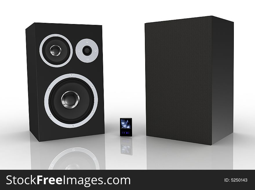 Two black loudspeakers with a music player