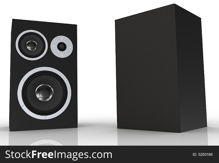 Two black loudspeakers with a music player on white backround