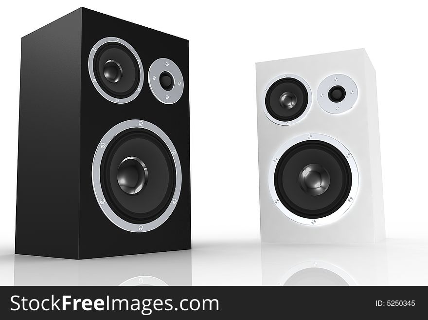 Black and white loudspeakers on white backround