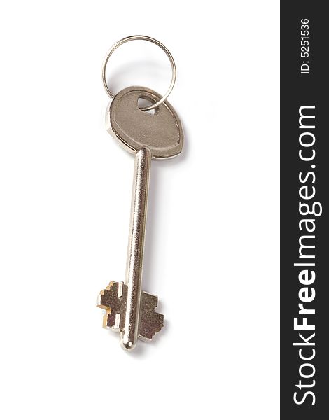 Large metal key with ring. Isolated on a white background.