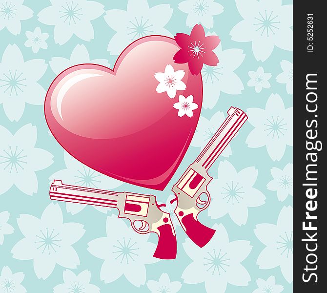 Illustration of glossy heart and two revolvers on floral background. Illustration of glossy heart and two revolvers on floral background