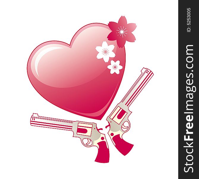 Emblem composed of heart revolvers and flowers. Emblem composed of heart revolvers and flowers