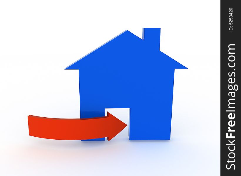 Three-dimensional model - a silhouette of a house and red arrow directed on an entrance. Three-dimensional model - a silhouette of a house and red arrow directed on an entrance.
