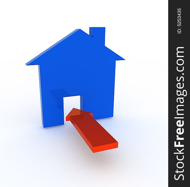 Three-dimensional model - a silhouette of a house and red arrow directed on an entrance. Three-dimensional model - a silhouette of a house and red arrow directed on an entrance.