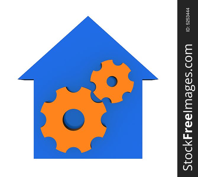 Three-dimensional model - a silhouette of a house and two gears. Three-dimensional model - a silhouette of a house and two gears.