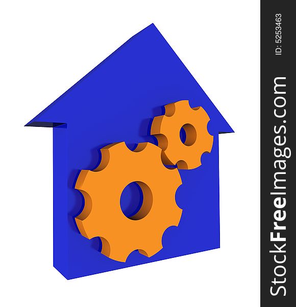 Three-dimensional model - a silhouette of a house and two gears. Three-dimensional model - a silhouette of a house and two gears.