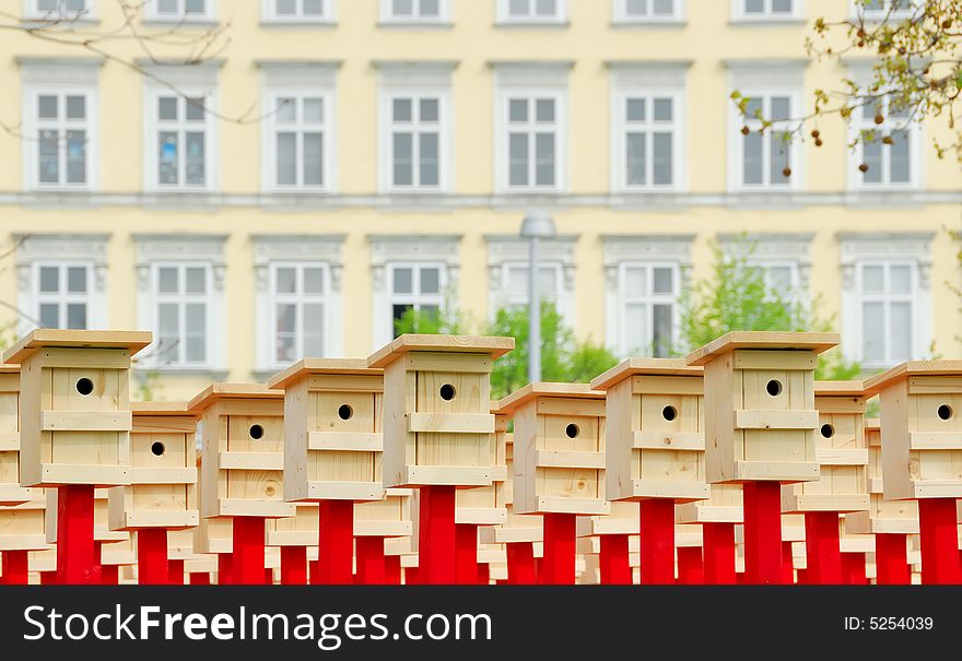 Many birdhouses as art object and house facade. Many birdhouses as art object and house facade