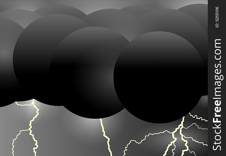 Surrealistic scene with dark spheres looking like stormy clouds. Lightning Bolts added. Surrealistic scene with dark spheres looking like stormy clouds. Lightning Bolts added.