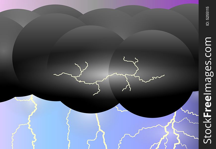 Scene with dark spheres looking like stormy clouds. Lightning Bolts and early evening colors added. Scene with dark spheres looking like stormy clouds. Lightning Bolts and early evening colors added.