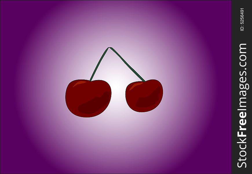 A  illustration of pretty red cherries on a purple background. A  illustration of pretty red cherries on a purple background