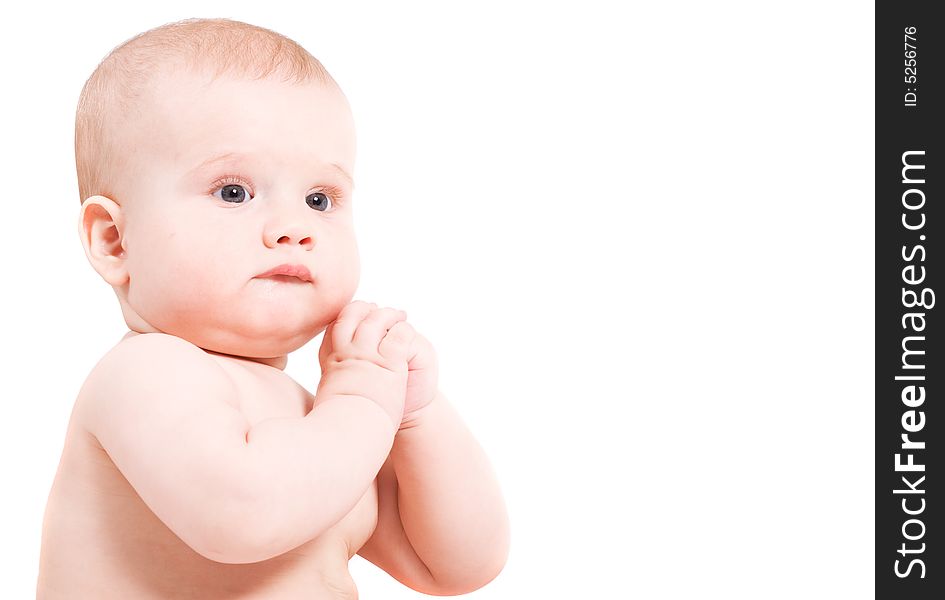 Cute six month baby on white background
