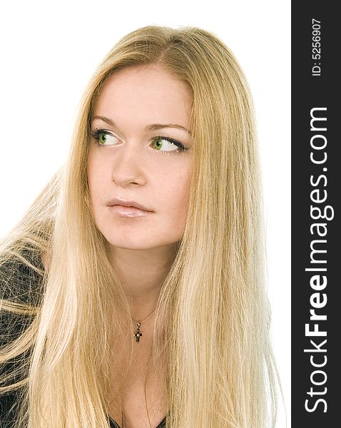 Portrait of pretty green-eyed blonde in black on white background