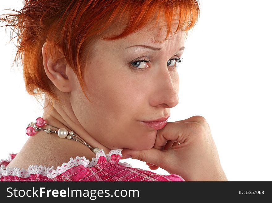 Flirting young red haired woman isolaited on white background. Flirting young red haired woman isolaited on white background